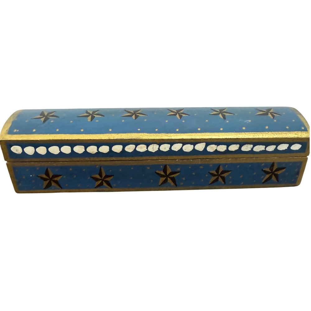 Hand Painted Wooden Celestial Trinket Box Blue Gold Star Folk Art Domed Lid